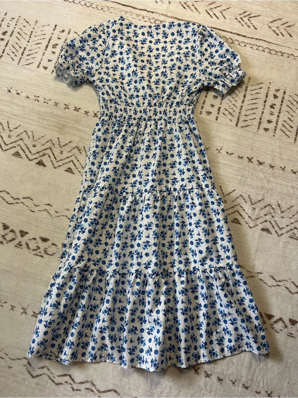 SHEIN Blue White Floral Smocked Cottagecore Midi Dress S Coastal - Picture 3 of 5